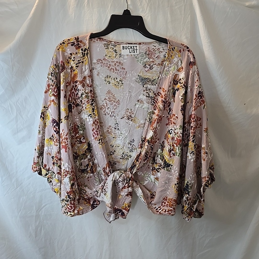 Bucket List All-Over Abstract‎ Lightweight Cropped Front Tie Oversized Blouse S